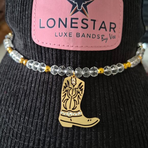 Beaded Western Hat Band Clear Crystal & Gold with Boot Pendant - Picture 4 of 4